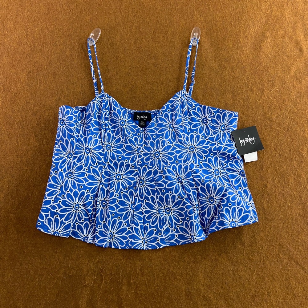 By & By Womens XXL Blue Floral Eyelet Smocked Peplum Cami Top NWT